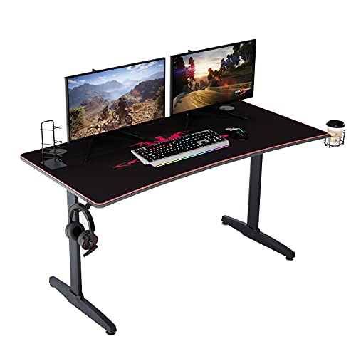 sogesfurniture Gaming Tisch T-Förmig, Computertisch 152cm Gaming Schreibtisch, mit großer Carbonfaser-Oberfläche, Getränkehalter, Kopfhörerhaken, BHEU-TN-GD-60