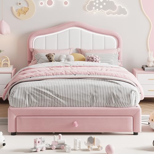 GarveeHome Upholstered Twin XL Bed Frame with Led Lights and Storage Drawer, Velvet Led Bed Frame with Headboard for Kids, Girls, Boys, No Box Spring Needed, Wooden Slats, Noise Free, Pink