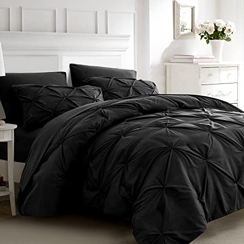 Ubauba Full Comforter Set With Sheets-Pinch Pleating 7 Pieces Bed In A Bag Black Bed Set With Comforters, Sheets, Pillowcases & Shams,Pintuck Bedding Sets,(Black,Full) #TOP6