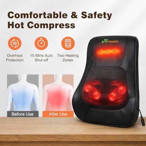 Image of Grin Health Shiatsu Back Massager Cushion For Chair, Massage Pillow with Kneading for Back, Neck, Shoulder, Massage Machine for Home, Massager for Chair -Back Pain Relief (GH237)