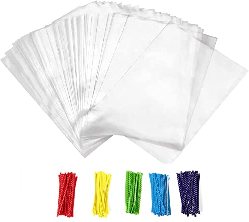 Newkita Small Cellophane Bags Clear Gift Treat Bags for Candy Cake Pops Goodies & Party Favors with 4 Ties 100PCS (4 x 6)