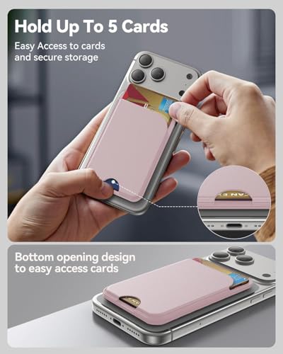 Image of Meyaar Magnetic Wallet for iPhone & Android | MagSafe Card Holder with 2 Adhesive Metal Rings | 5 Card Holder for MagSafe Cases & Android Phones | Vegan Leather (Pink)
