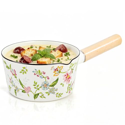Jucoan 1 Quart Enamel Milk Pan with Pour Spout, Green Floral Small Saucepan Simmer Pot Stovetop Safe, Wood Handle for Hot Chocolate, Butter, Oatmeal, Holiday Simmer Pot Gifts, Measurement Marks