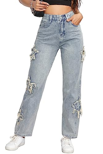 Womens Casual High Waisted Loose Wide Leg Jeans Classic Star Pattern Denim Pants Trousers