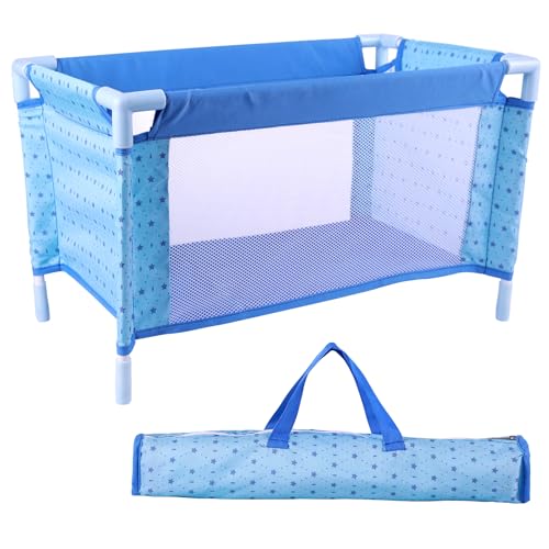 BABESIDE Baby Doll Crib, Baby Doll Bed for 17-21 Dolls, Foldable Baby Doll Playpen Toy Crib, Reborn Baby Doll Accessories with Storage Bag, Doll Pack n Play Kids Gift (Blue)