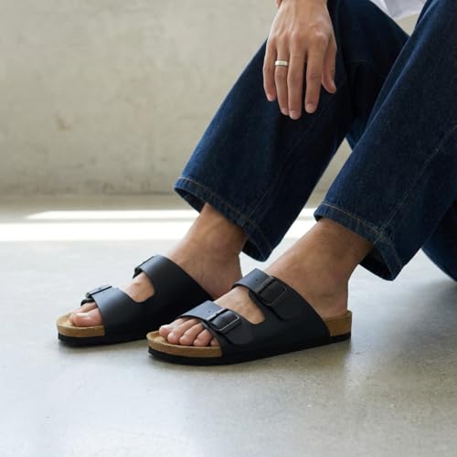 Image of CUSHIONAIRE Lane Cork Footbed Mens Sandals, Adjustable Buckle Comfort Slides for Men, Genuine Leather Insole Summer Sandals Men Footwear