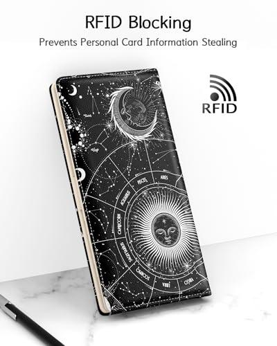 Image of Nipichsha Womens Wallet, RFID Slim Wallets for Women, Thin Ladies Credit Card Holder Purse, Cute Leather Bifold Clutch Billfold with 11 Card Slots & ID Window, Sun Moon