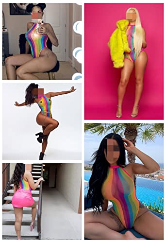 Women Rave Rainbow Striped Push Up Swimsuit Bikini See Through Mesh Bodysuit Beachwear for Dance Festivals2