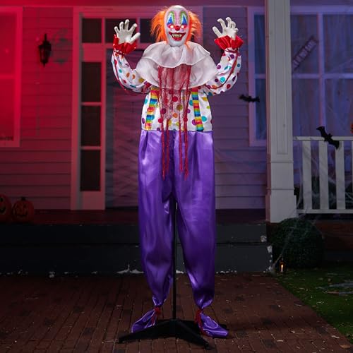 JOYIN Halloween Standing Clown Scary Animatronic Talking Purple Clown with Motion and Light Sound Activated Giant Halloween Decorations for Indoor Outdoor Haunted House Party Props
