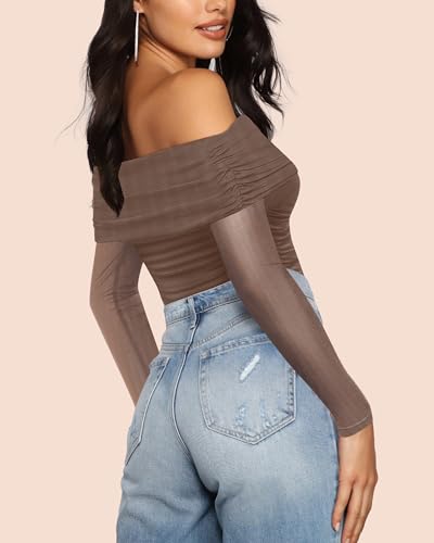 SAUNGKUAI Women's Off The Shoulder Long Sleeve Bodysuit Sexy Slimming Body Suit Tops Sheer Mesh Ruched Fall Outfits 20254