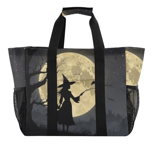 Large Tote Bags Halloween Pumpkin Moon Witch for Women Canvas Tote Purse Reusable Grocery Bags Top Handle Handbags for Travel, Work