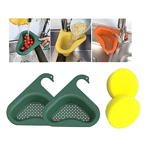 Swan Drain Basket Sink with 2 Pack Reusable Sponge, Kitchen Triangle Sink Filter, Corner Kitchen Sink Strainer Basket, Multi-function Water Storage Tank Drain Rack Fits All Sink (2PC - Green) Cover