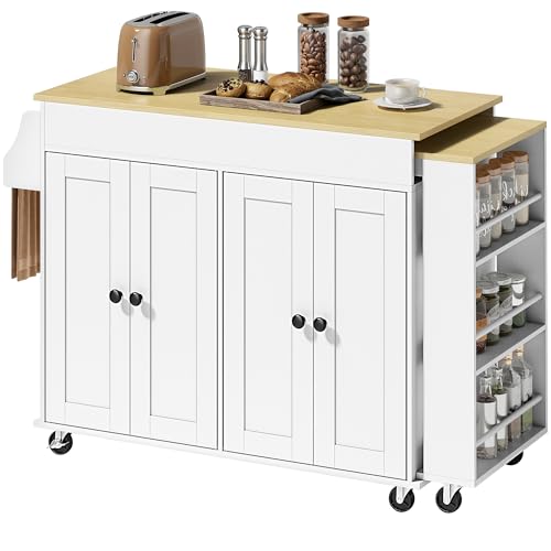 HOMCOM Isla de Cocina con Ruedas, Encimera Extensible, Carro de Cocina con 4 Puertas, Estantes Ajustables, Estantería Lateral Abierta, Especiero y Soporte para Toallas, para Comedor, Blanco