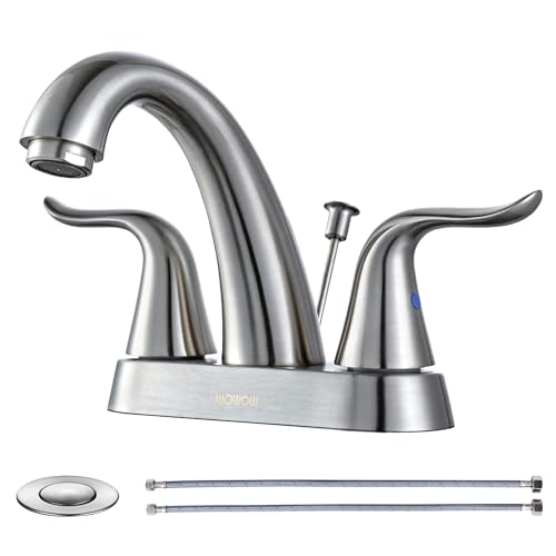 WOWOW Bathroom Faucet 2 Handle 4 Inch Centerset Bathroom Sink Faucet, Lead-Free Basin Mixer Tap with Lift Rod Drain Stopper, 2 Handle Centerset Lavatory Brushed Nickel Vanity Faucet A.Brushe