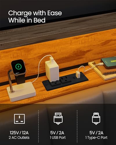 VASAGLE LED Bed Frame Queen Size, Storage Headboard and Charging Station, Queen Bed Frame with 2 AC Outlets, 1 USB Port, 1 Type-C Port, No Box Spring Needed, Dove Gray and Camel Brown URMB841G01