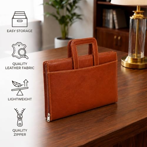 Image of STREPE ZK TAN Leather File Organizer Bag with Handle, Zipper Portfolio Folder for Documents, Certificates, Cards & Tablet, Office Business Travel Case for Men & Women