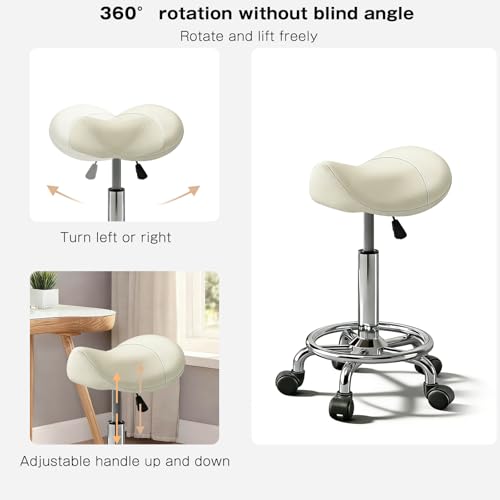Image of Saddle Stool with Ring Pedal, Adjustable Hydraulic Rolling Chair with Wheels for Medical, Massage, Salon, Spa, Kitchen, and Drafting Use