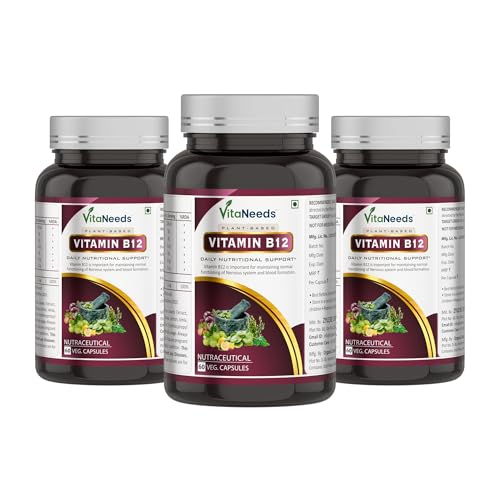 Image of Vitamin B12 Supplements | Vegan Vitamin B12 tablets | With Moringa,Spirulina,Alfalfa,Wheatgrass, Amla & Superfoods | Energy and Vitality Natural B12 Supplement for Adults Vegetarian Friendly Formula for Daily Routine |60 Veg Capsules 2.2 MCG (Plant Based)(Pack of 3)Total=3x60=180