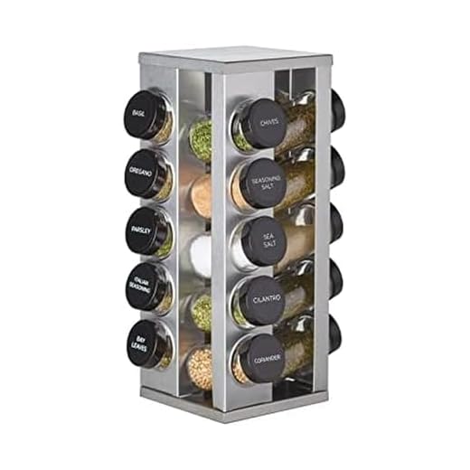 Kamenstein 20 Jar Heritage Revolving Countertop Spice Rack Organizer with Spices Included, FREE Spice Refills for 5 years, Brushed Stainless Steel with Black Caps