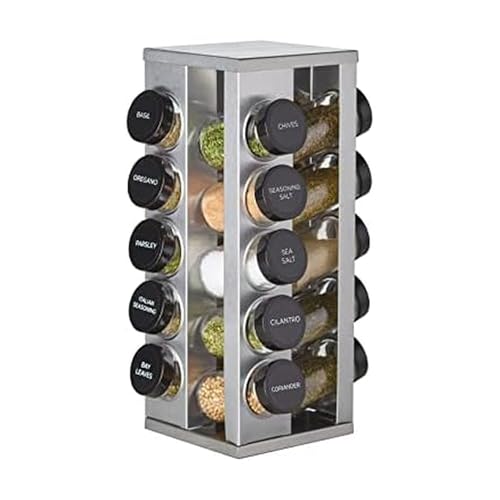 Image of Kamenstein 20 Jar Heritage Revolving Countertop Spice Rack Organizer with Spices Included, FREE Spice Refills for 5 years, Brushed Stainless Steel with Black Caps