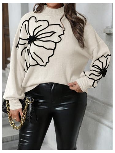 MakeMeChic Women's Plus Size Oversized Sweater Floral Pattern Long Sleeve Turtleneck Knitted Fall Sweaters3