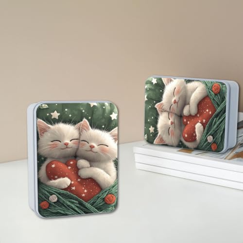 Image of Metal Tin Box with Lid,Multi-functional Storage Box Can Store Tea Biscuits Game Cards, Playing & Tarot Cards-Comes with 4 Magnetic Cord Clips,Cute Kittens Hugging