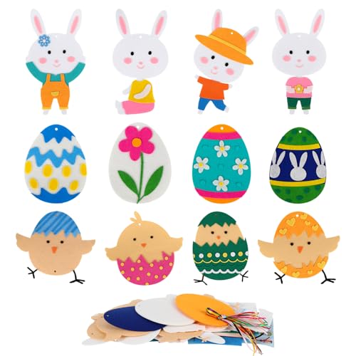 JadeLink Bastelset Ostern Kinder, 12 Stück Filz Basteln Kreativsetsr, Aufhängbare Ostern Deko Kaninchen, Eier und Küken Bastelset Kinder Ab 3 4 5 6 7 8 Jahre für Jungen Mädchen Geschenke (Ostern)