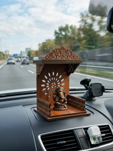 Image of Handcrafted Wooden Car Dashboard Temple, Walnut Finish, Laser-Cut Om Floral Design, MDF Mandir for Car Interior (Classic Ornate Roof Walnut Finish)
