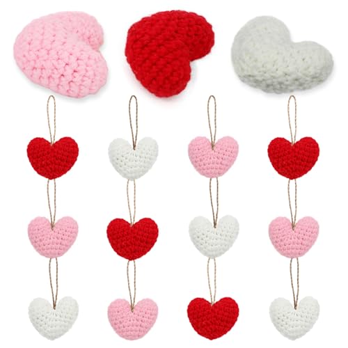 12pcs Crochet Heart Ornaments, Handmade Knitted Heart Decorations with String, Red Pink White Yarn Hearts for Valentines Wedding Anniversary Romantic Party Christmas Tree Home House Decor