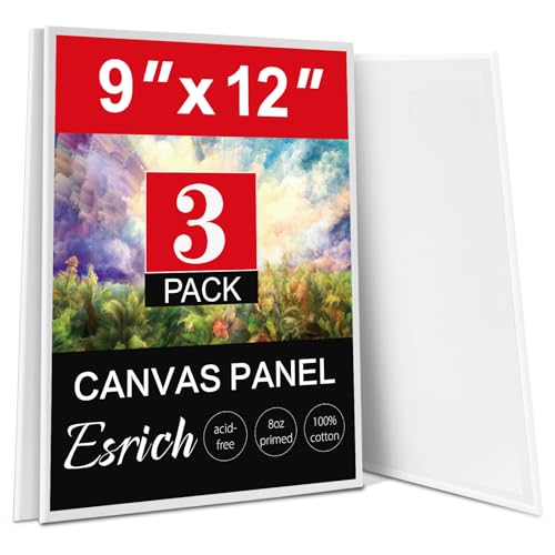 ESRICH Canvas Boards for Painting 3 Pack 9x12 Canvases for Painting Cotton Primed Acid Free Blank Canvas Panels for Oil Paint Watercolor Acrylic Paint Gouache and Tempera.