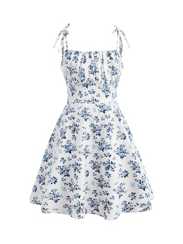 SweatyRocks Girl's Floral Print Ruched A Line Short Dress Tie Shoulder Spaghetti Strap Sundress