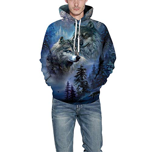 FANSU Unisex Mode 3D Druck Hoodie Herren Damen Kapuzenpullover, Creative Tier Pullover Sweatshirt Herbst und Winter Langarm Paare Hoodies Mit Tasche (L,Wald Wolf)