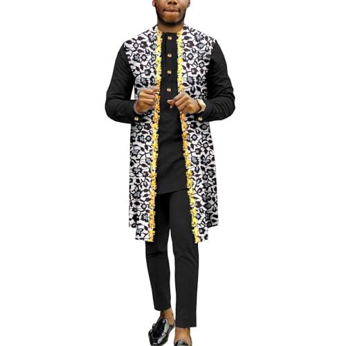 African Clothing for Men Single Breasted Embroidery Print Shirts and Pants 2 Piece Set Dashiki Outfits
