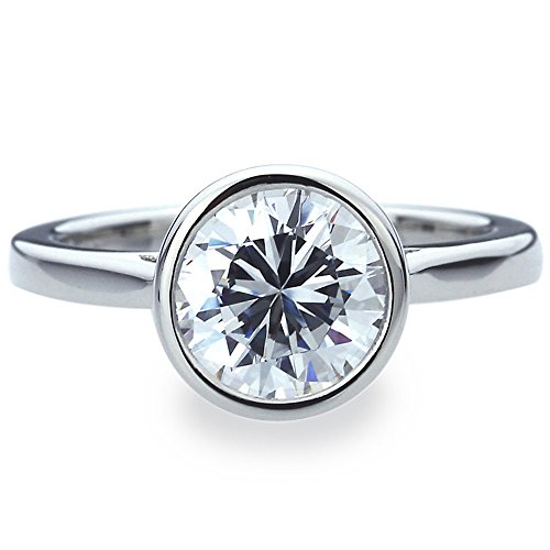 DoubleAccent Platinum Plated Sterling Silver Ring 2 CT Round CZ Stone Bezel Set Solitaire Wedding Engagement Ring (Size 5 to 9)