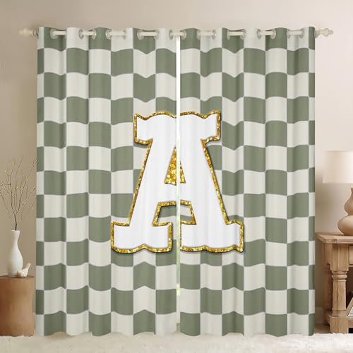 Image of Erosebridal Sage Green Checkered Blackout Curtains for Bedroom Living Room Plaid Initial A Window Curtains 2 Panels 52 inch Wx84 L Personalized Monogram Drapes,Grids Gingham Window Treatments