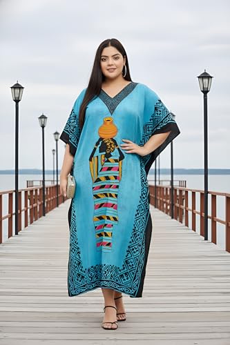 Image of Gypsie Blu Women Plus Size Kaftan Dress Beach Cover Up Maxi Dresses for Women, V-Neck Kimono Sleeve 1X-3X