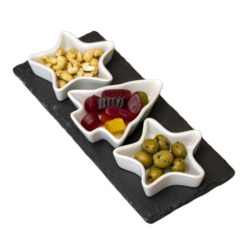 4pc Christmas Serving Dishes On Slate Tray Ceramic White Star Tree Snack Dishes