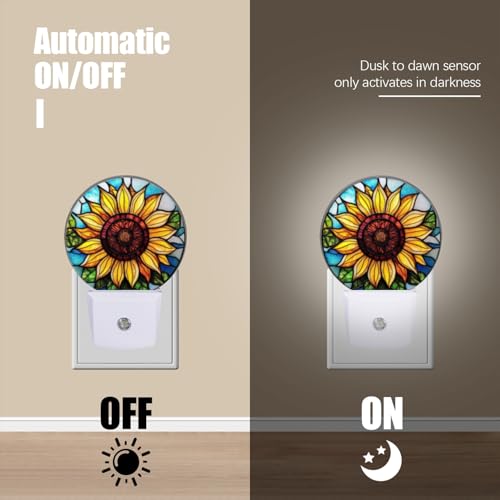 Image of Round LED Night Lights Lamp with Dusk to Dawn Sensor, Yellow Sunflower in The Center Night Light Plug Into Wall for Kids Room, Bedroom, Bathroom, Kitchen, Hallway