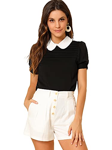 Allegra K Women's Vintage Peter Pan Collar Contrast Puff Short Sleeve Blouse Top X-Large Black