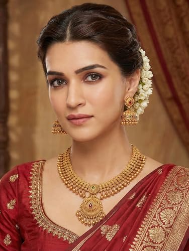 Image of Gold-Plated Antique Temple Jewellery Set for Women - Traditional Necklace with Large Peacock Pendant & Matching Jhumka Earrings | Ethnic Festive & Bridal Wear Set with Ruby & Emerald Accents