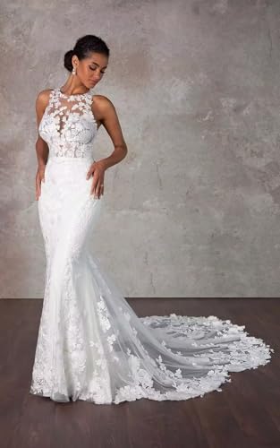 Tulle Mermaid Wedding Dresses Lace Applique Boho Bridal Dress Halter Neck Backless Wedding Gowns with Train3