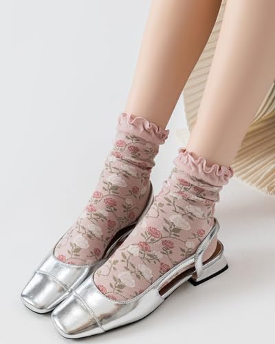Image of Womens Ruffle Crew Socks Vintage Patterned Ankle Casual Fashion Dress Sock Cute Lettuce Floral Socks 5 /6 Pack