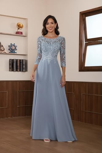 Chiffon Long Mother of The Bride Dresses for Women 3/4 Sleeve Lace Formal Evening Gown2