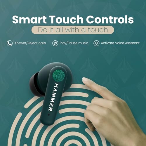 Image of HAMMER Airflow Plus TWS Earbuds with Bluetooth 5.1, Smart Touch Control, Type-C Charging, IPX4 Rated SweatProof, Stereo Sound, Upto 23 Hours Playback, Noise Isolation (Emerald Green)