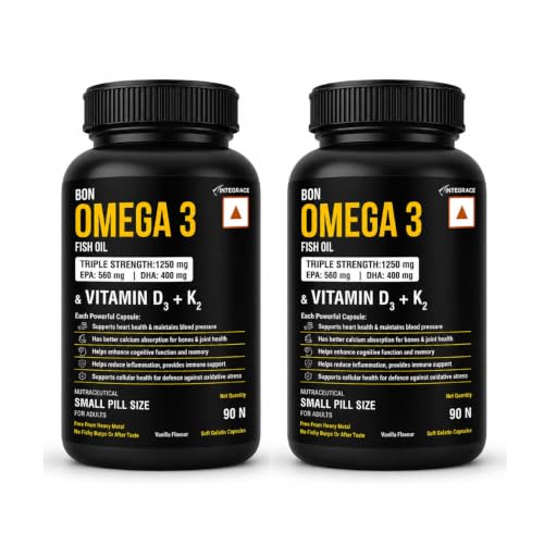 Image of Fish Oil 1250mg with Vitamin D3 & K2, 90 Softgels (Pack of 2) | 3X Triple Strength 560mg EPA & 400mg DHA | Supports Heart, Bone Health, Brain & Immunity | Easy to Swallow Small Pills | Non-GMO, Burpless Anti-Reflux, No Heavy Metals