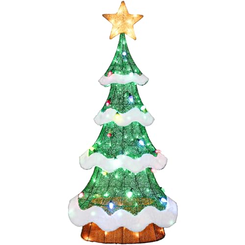 Hykolity 5 ft. Christmas Tree with Star Topper, Metal Frame Outdoor Decor, Multi-Color Bulbs + Green LEDs, Lighted Holiday Displays