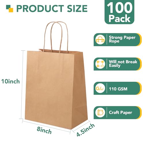 XPCARE 100 Pack Medium Kraft Paper Bags 8x4.5x10 Inch