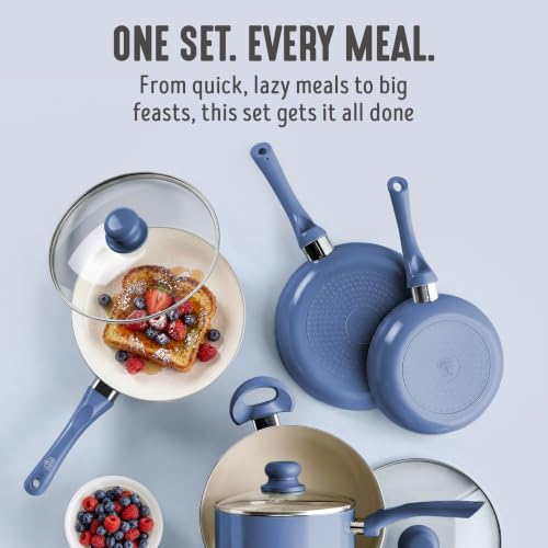 Image of GreenLife 16-Piece Nonstick Cookware Set, Non-Toxic Ceramic Pots and Pans Set, Durable Healthy Kitchen Essentials, Fast Heating, Induction Ready, Easy Clean Dishwasher Safe, PFAS-Free, Slate Blue