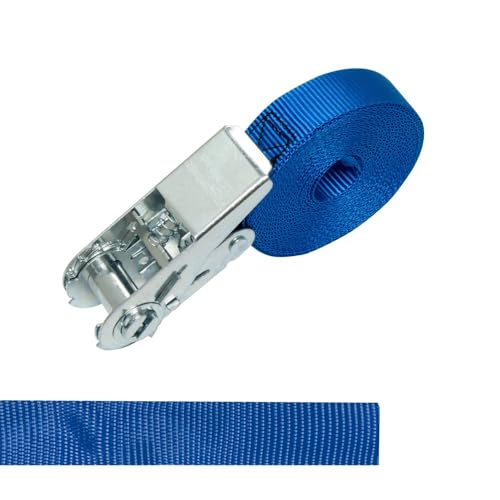 Foto von Amazon Basics Spanngurte mit Ratschenschloss, 6 m lang, 25 mm breit, Belastbarkeit 800 kg, entspricht DIN EN 12195-2, 10 Stück, Blau