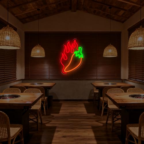 Image of Chili LED Neon Light Sign Spicy Food Restaurant Wall Art Decor, LED Wall Neon Sign Light For Beach Pub Fishing Club Sea Food Restaurant Shop Store Party Room Kitchen Decoration, 15.7 inchx10.8 inch